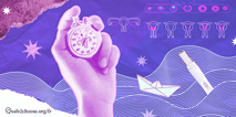 Illustration du calcul de l'âge gestationnel avec des cycles menstruels irréguliers montrant une main tenant un chronomètre, un test de grossesse et des diagrammes de l'utérus.