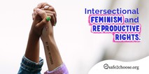 Two hands holding each other with a text saying Intersectional Feminism and Reproductive Rights