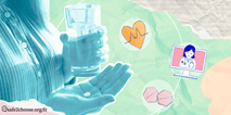 Une personne tenant une pilule davortement medical et un verre deau, symbolisant lavortement auto-gere. Des icones de moniteur cardiaque, medecin a lecran, et pilules illustrent la telemedecine et la sante reproductive.