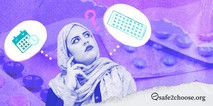 Woman in hijab thinking about birth control pills and menstrual cycle