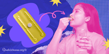 Illustration d une personne prenant une pilule contraceptive d urgence, avec un paquet de pilules et le logo de safe2choose.org en arriere-plan