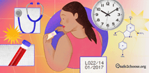 Illustration showing a woman holding a pregnancy test, on the side a clock and blood test to confirm a pregnancy