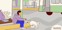 Una persona sentada en la acera con un gato y un gatito cerca, rodeada de bolsas y mantas. El entorno parece ser una zona urbana con edificios al fondo.