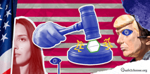 Illustration showing Trump, a gavel crushing an abortion pill, and a concerned woman with an American flag, representing the attack on abortion rights