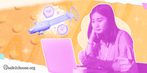 young woman looking at a laptop, with icons of a syringe, smiley faces, and safe2choose.org branding, symbolizing online access to abortion information.