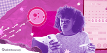 Woman using a phone with period tracking and pregnancy test in hand, highlighting the importance of understanding gestational age for safe abortion practices