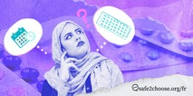 Femme portant un hijab reflechissant aux pilules contraceptives et au cycle menstruel