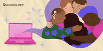 Une illustration chaleureuse montrant un groupe diversifie d individus s embrassant dans une etreinte de soutien, symbolisant l inclusivite et la compassion. Un ordinateur portable rose est affiche a gauche avec le logo safe2choose.org au-dessus, representant l accessibilite et le soutien numeriques.