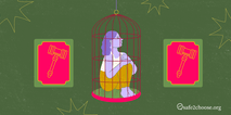 Illustration of a woman sitting in a birdcage with judicial symbols in the background, symbolizing restricted abortion access in Brazil