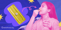 Illustration of a person taking an emergency contraceptive pill, with a pill packet and the safe2choose.org logo in the background