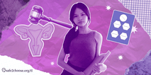 Batang babae na may hawak na notebook, isang matris na may martilyo na sumisimbolo sa mga karapatan sa reproduksyon, at mga tableta na kumakatawan sa medikasyong aborsyon.