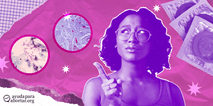  Una mujer pensativa señalando hacia arriba, con condones e imagenes microscopicas de celulas sobre un fondo rosado y abstracto.