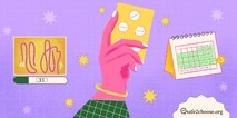 A hand holds a blister pack of pills, with a positive pregnancy test, a calendar, and a medical tool, all set against a purple grid background