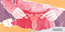 Ilustracion de una persona senalando un diagrama medico del utero en la parte baja del abdomen, simbolizando el utero doble y la salud reproductiva