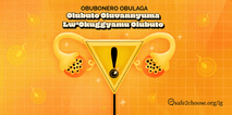 Ekifananyi ekiraga enkola y’obusimu bw’abakyala nga kirimu akabonero akalaga obulindaala wakati. Ennyiriri egamba, “Obubonero Obulaga Olubuto Oluvannyuma Lw’Okuggyamu Olubuto,” nga waliwo omusingi gw’ekyenvu n’ebifaananyi ebisike by’ensigo. Logo ya safe2choose.org/lg eri wansi ku ddyo.