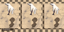 Ilustración de una mano sobre silueta africana con piezas de ajedrez, simbolizando influencia.