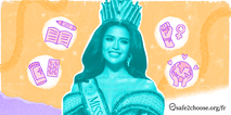 Laureate de Miss Monde Philippines avec une couronne et une echarpe, entouree d’icones représentant l’education, la sante reproductive, les droits des femmes et l’autonomisation mondiale