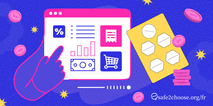 Illustration d'une main naviguant parmi des icones financieres et de sante sur une interface numerique, avec un panier d'achat, une devise, des pilules et la marque safe2choose.org