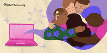 A warm illustration showing a diverse group of individuals embracing each other in a supportive hug, symbolizing inclusivity and compassion. A pink laptop is displayed on the left with the logo safe2choose.org above it, representing digital accessibility and support.