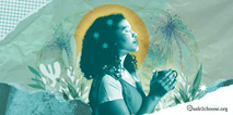 A serene woman with closed eyes holding a cup, surrounded by abstract botanical elements, symbolizing mental well-being and reflection. safe2choose.org logo present