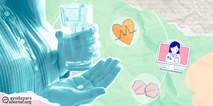 Persona sosteniendo una pastilla de aborto medico y un vaso de agua, simbolizando el aborto autogestionado. Iconos de monitor cardíaco, doctora en pantalla y pastillas representan la telemedicina y la salud reproductiva.