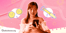 Woman looking at phone with icons of abortion pills and aspirator; safe2choose.org logo.