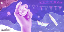 Ilustracion del calculo de la edad gestacional con ciclos menstruales irregulares, mostrando una mano sosteniendo un cronometro, una prueba de embarazo y diagramas del utero.