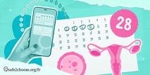Illustration du suivi de l’ovulation avec un calendrier, une application mobile et un uterus montrant un cycle menstruel de 28 jours.
