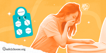 Woman feeling nauseous near a toilet after taking abortion pills, with illustrated pill pack beside her