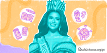 Vencedora do Miss Mundo Filipinas com coroa e faixa, cercada por icones que simbolizam educacao, saude reprodutiva, direitos das mulheres e empoderamento global