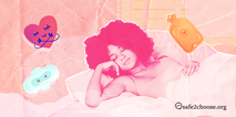A woman resting in bed with a peaceful expression, surrounded by illustrations of a heating pad, a menstrual pad with blood stains, and a smiling heart