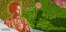 Ilustracion de una mujer nigeriana con elementos que representan la salud reproductiva, incluyendo un útero y espermatozoides, sobre un fondo con patrones verdes