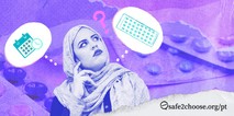 Mulher de hijab pensando em pilulas anticoncepcionais e no ciclo menstrual