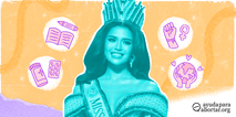 Ganadora de Miss Mundo Filipinas con corona y banda, rodeada de iconos que simbolizan la educacion, salud reproductiva, derechos de las mujeres y empoderamiento global