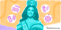 Miss World Philippines winner in crown and sash, surrounded by icons symbolizing education, reproductive health, women's rights, and global empowerment