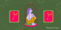 Illustration d'une femme assise dans une cage à oiseaux avec des symboles judiciaires en arrière-plan, symbolisant l'accès restreint à l'avortement au Brésil.