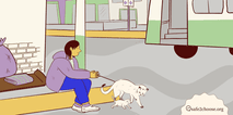 A person sitting on the sidewalk with a cat and kitten nearby, surrounded by bags and blankets. The setting appears to be an urban area with buildings in the background.