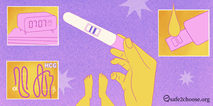 Illustration of pregnancy test, hCG hormone, and digital clock