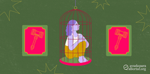 Ilustración de una mujer sentada en una jaula con símbolos judiciales en el fondo, simbolizando el acceso restringido al aborto en Brasil.