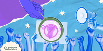 Ilustracion de manos sosteniendo pancartas y un megafono en una protesta, con un enfoque en los derechos reproductivos