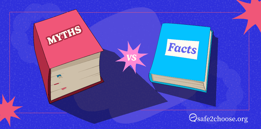 Illustration avec des livres intitulés `Mythes` et `Faits` s'affrontant, mettant en avant `Avortement et Maternité : Séparer les Mythes de la Réalité`