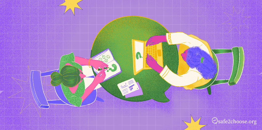 dos personas discutiendo la seguridad del aborto en el trabajo a través de textos y documentos sobre un fondo verde y morado dividido.