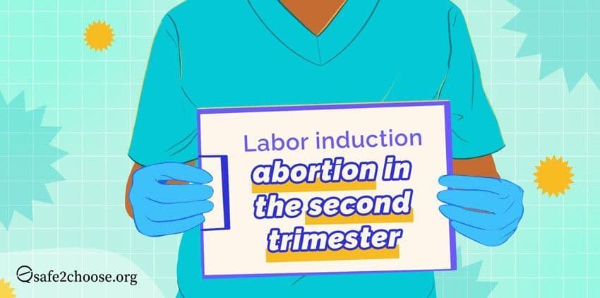 A medical practitioner showing a document holder with the message labor induction abortion in the second trimester