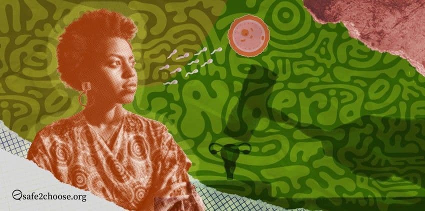 Illustration d une femme nigeriane avec des elements representant la sante reproductive, y compris un uterus et des spermatozoides, sur un fond a motifs verts