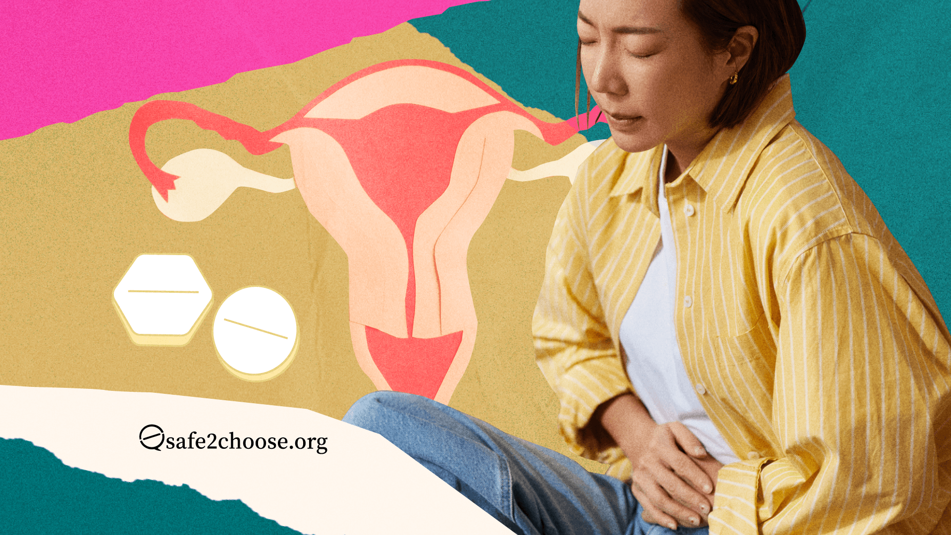 Woman experiencing pelvic pain beside an illustration of the uterus and abortion pills, representing abortion pill use with endometriosis.