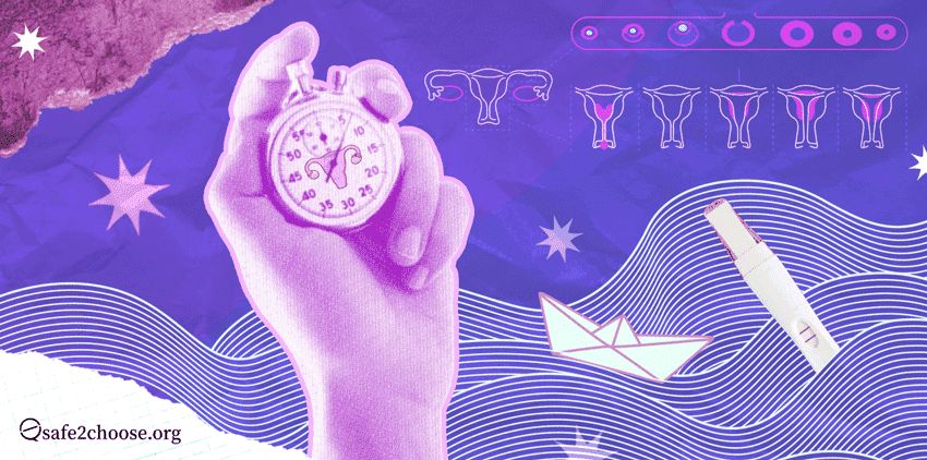 Illustration of gestational age calculation with irregular menstrual cycles showing a hand holding a stopwatch, a pregnancy test, and uterus diagrams