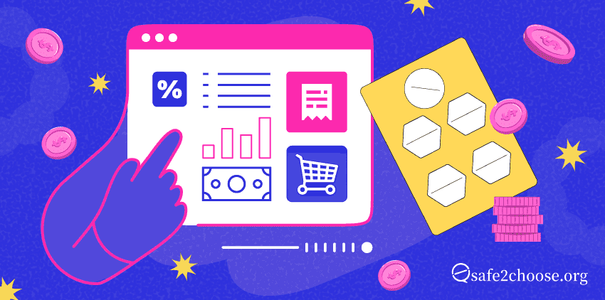 Illustration d'une main naviguant parmi des icones financieres et de sante sur une interface numerique, avec un panier d'achat, une devise, des pilules et la marque safe2choose.org