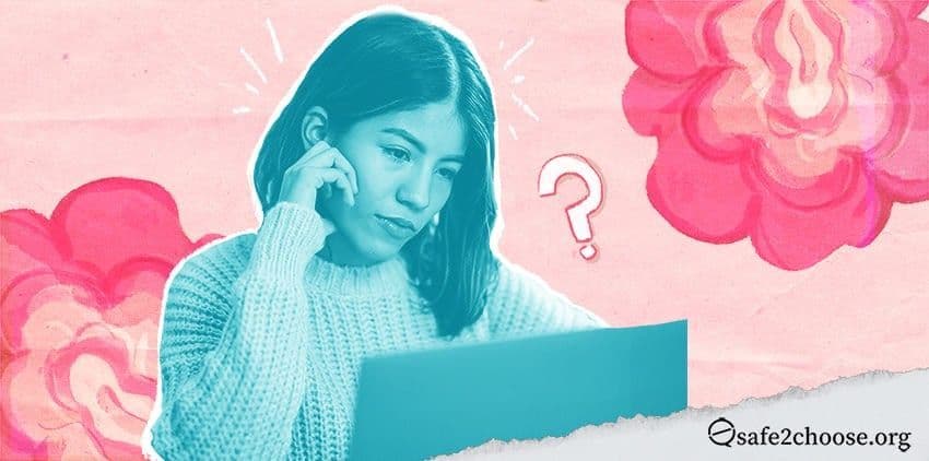 Una joven pensativa con un sueter mira una computadora portatil, rodeada de disenos florales rosas y un signo de interrogacion, simbolizando la incertidumbre.