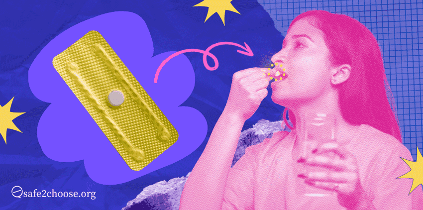 Illustration of a person taking an emergency contraceptive pill, with a pill packet and the safe2choose.org logo in the background