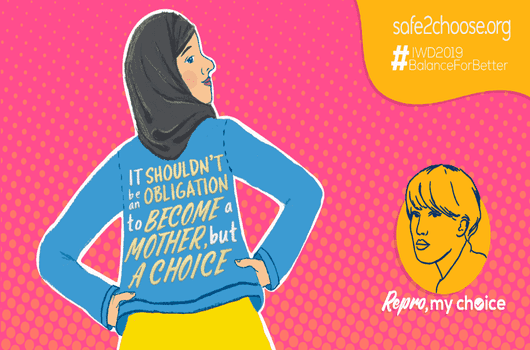 Illustration of a woman in a hijab looking empowered, wearing a jacket with the text "It shouldn't be an obligation to become a mother, but a choice." on a pink background.